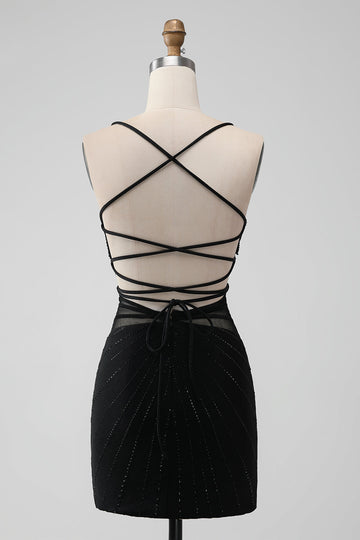 Vestido de regreso a casa con corsé de tirantes finos ajustados negros con abalorios